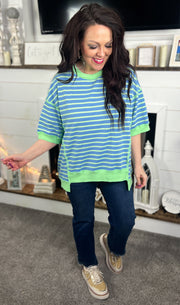 Blue/Green Striped Oversized Pullover (S-2X)