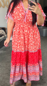 Multi Print Tassel Tie Sleeve Maxi Dress