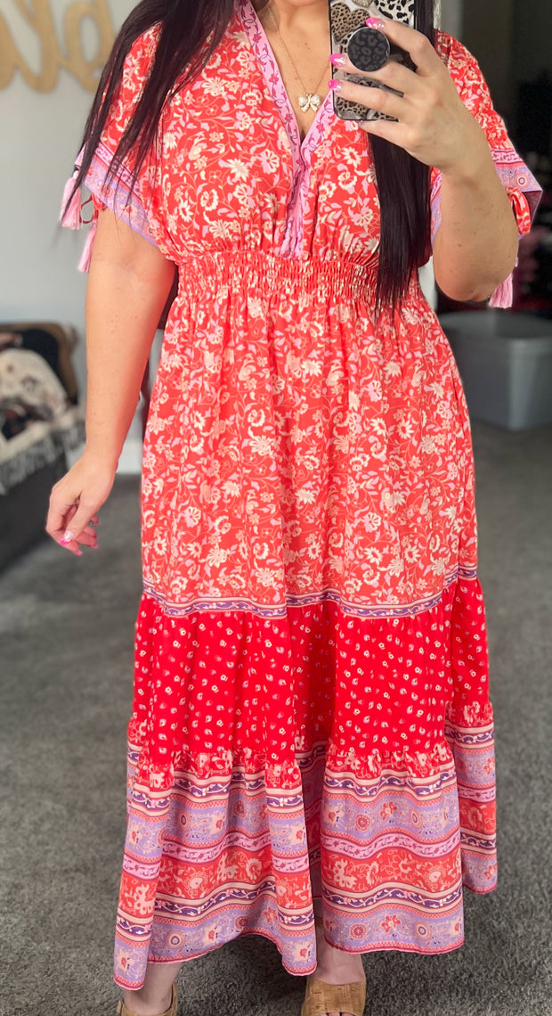 Multi Print Tassel Tie Sleeve Maxi Dress