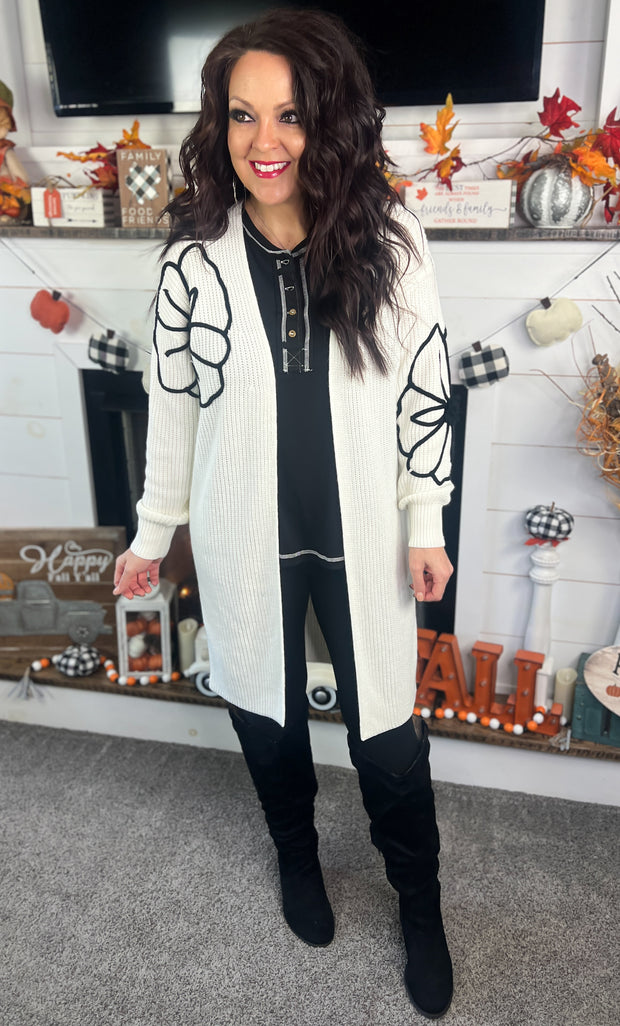 Ivory Flower Embroidered Long Cardigan (S-2X)