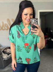 Green Floral Smocked Split Neck Top