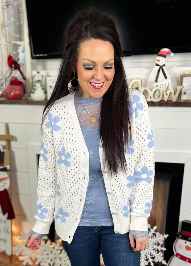 Light Blue Retro Floral Cardigan