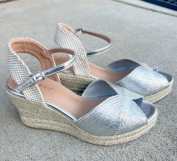 Silver Metallic Raffia Espadrille Wedges