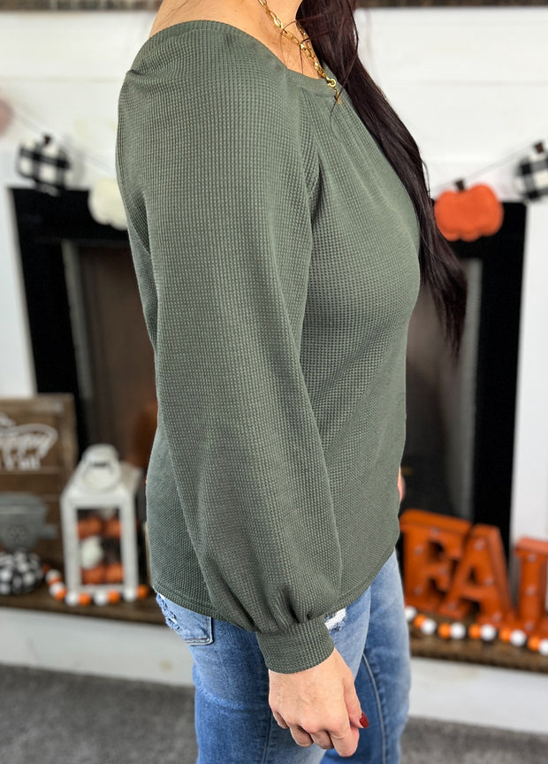 Olive Square Neck Waffle Knit Top