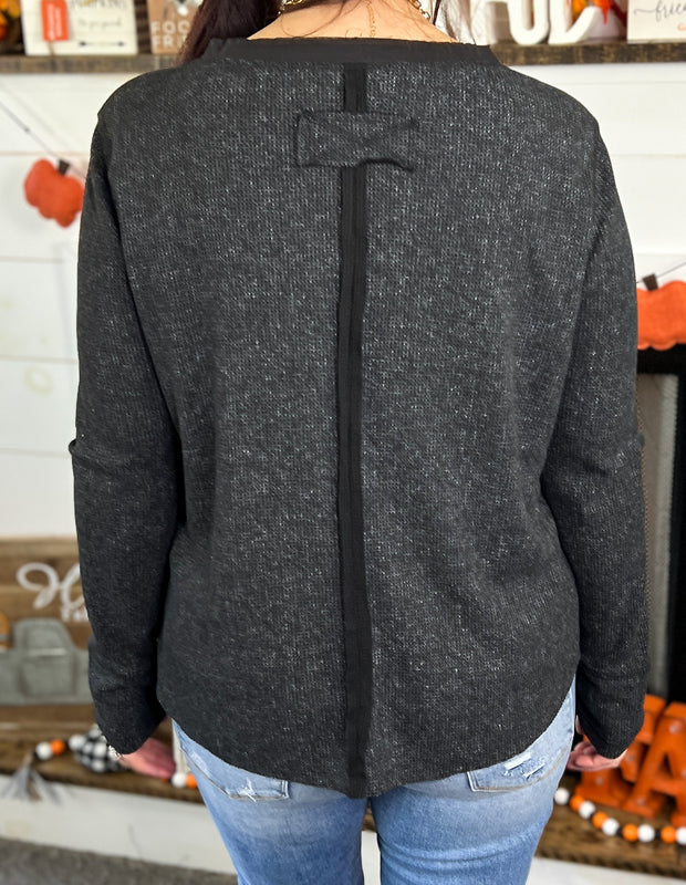 Black Acid Wash Waffle Knit Henley