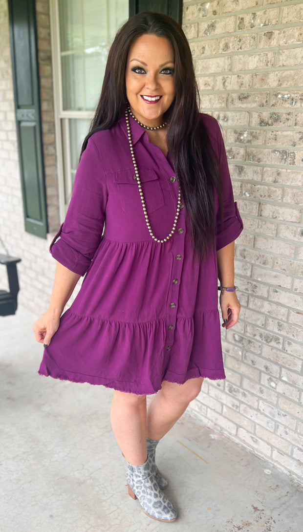 Plum Tiered Button Front Dress