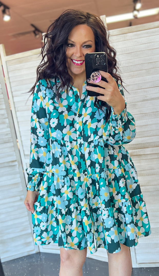 Green Floral Tiered Smocked Sleeve Dress