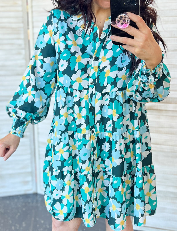 Green Floral Tiered Smocked Sleeve Dress