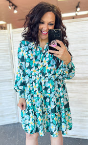 Green Floral Tiered Smocked Sleeve Dress