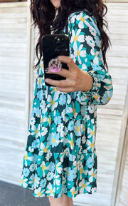 Green Floral Tiered Smocked Sleeve Dress