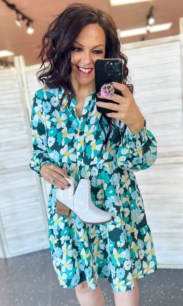 Green Floral Tiered Smocked Sleeve Dress