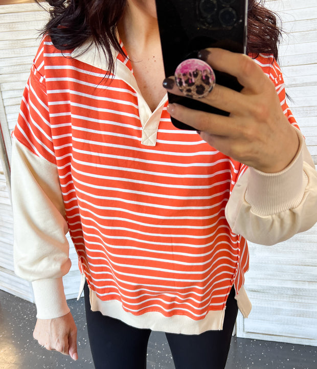 Orange & Sand Stripe Collared Oversized Pullover