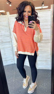 Orange & Sand Stripe Collared Oversized Pullover