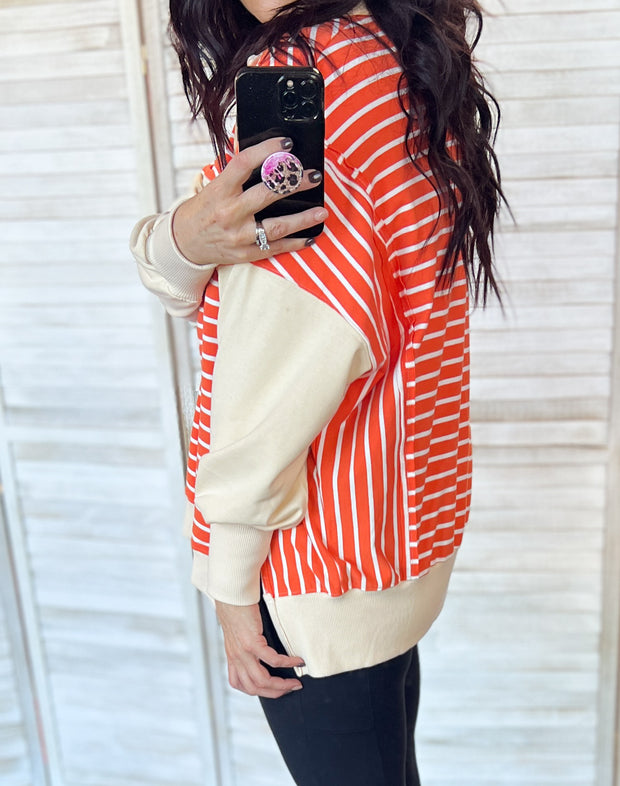 Orange & Sand Stripe Collared Oversized Pullover