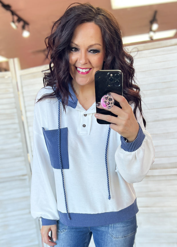 White & Blue Corded Contrast Hooded Pullover