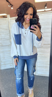 White & Blue Corded Contrast Hooded Pullover