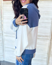 White & Blue Corded Contrast Hooded Pullover