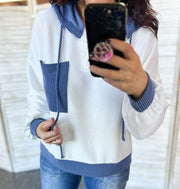 White & Blue Corded Contrast Hooded Pullover