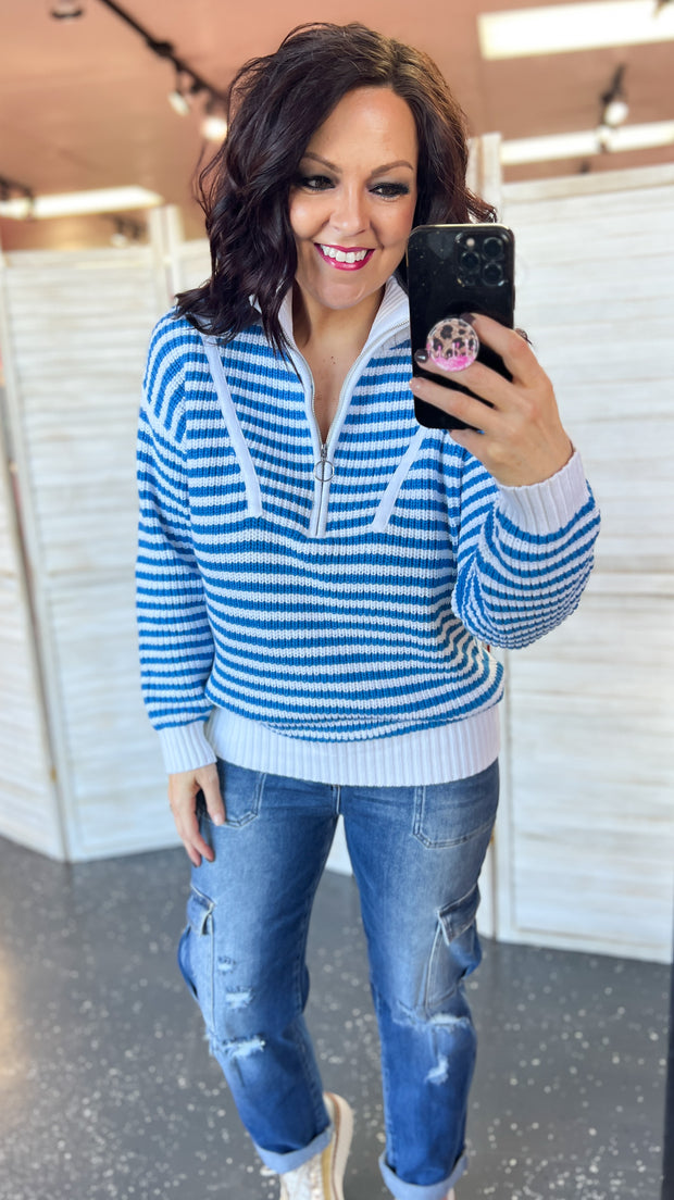 Blue & White Stripe Half Zip Sweater