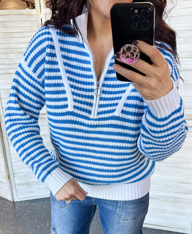 Blue & White Stripe Half Zip Sweater