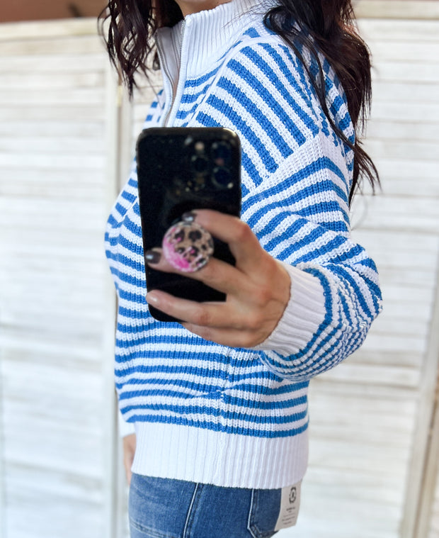 Blue & White Stripe Half Zip Sweater