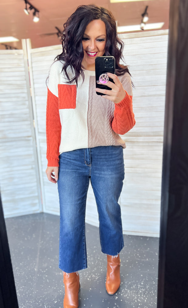 Cable Knit Contrast Colorblock Sweater