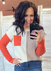 Cable Knit Contrast Colorblock Sweater