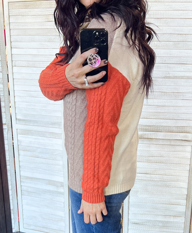 Cable Knit Contrast Colorblock Sweater