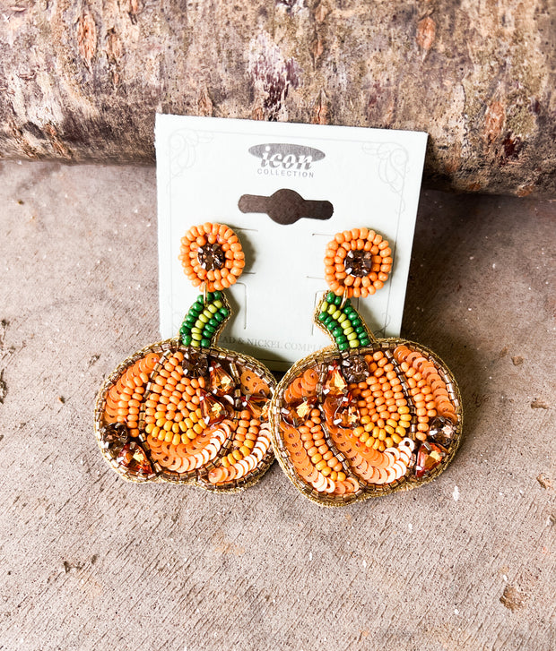 Rhinestone & Seed Bead Pumpkin Earrings