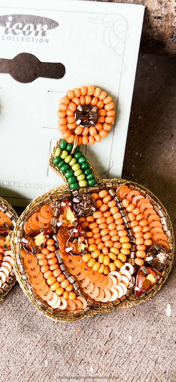 Rhinestone & Seed Bead Pumpkin Earrings