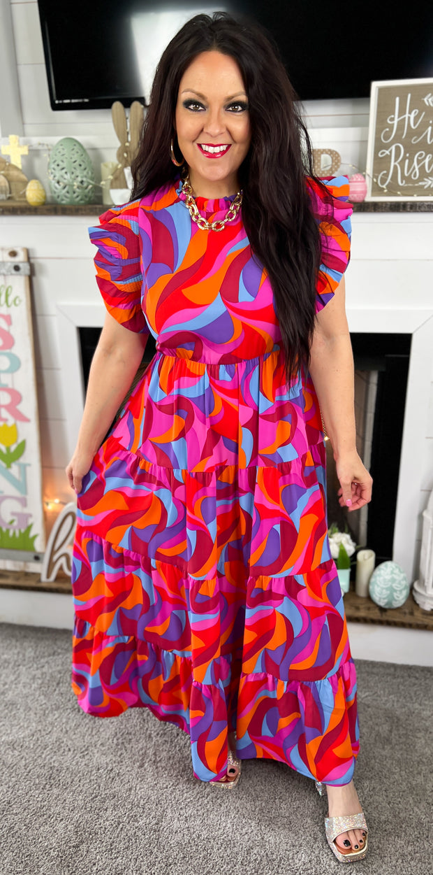 Multi Color Ruffle Sleeve Tiered Maxi Dress
