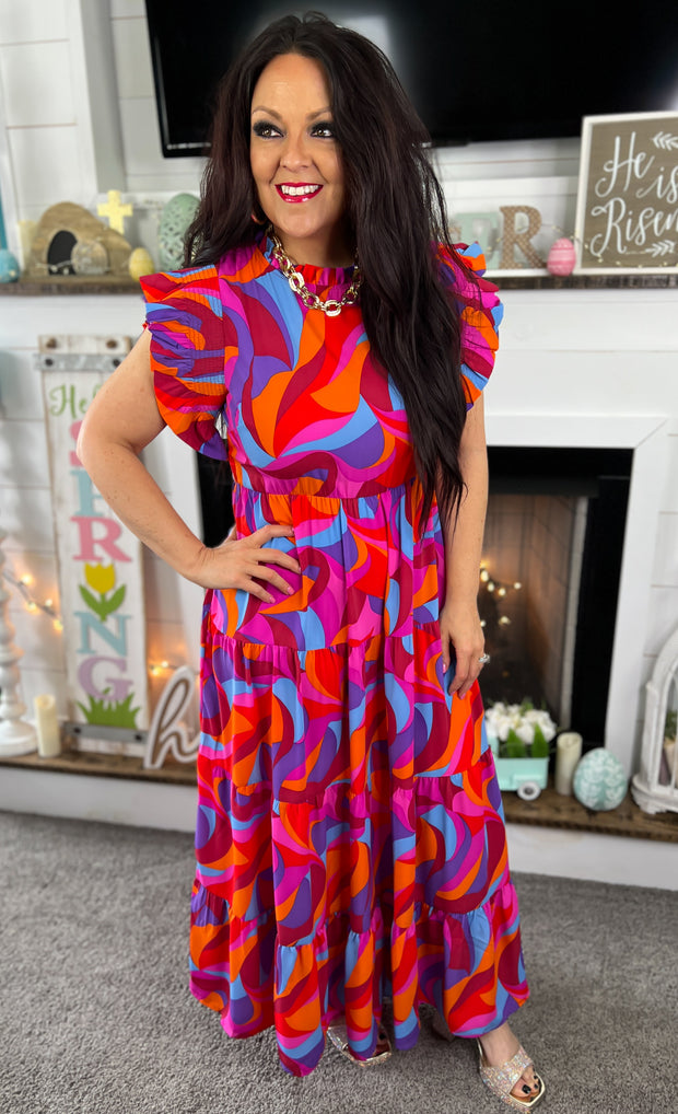 Multi Color Ruffle Sleeve Tiered Maxi Dress