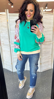 Sea Green Pullover w/Multi Print Contrast Sleeves