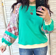 Sea Green Pullover w/Multi Print Contrast Sleeves