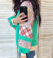 Sea Green Pullover w/Multi Print Contrast Sleeves