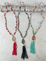 Beaded Tassel Necklace Sets w/Leopard Pendant
