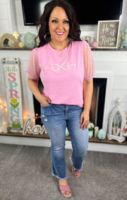 Pink Embroidered Bow Top w/Puff Sleeves