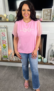 Pink Embroidered Bow Top w/Puff Sleeves