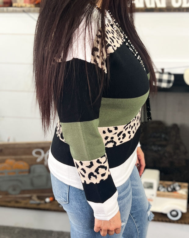 Olive Leopard Colorblock Sweater