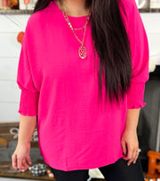 Hot Pink Smocked Cuff ¾ Sleeve Top