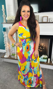 Bold Floral Maxi Dress w/Side Slits