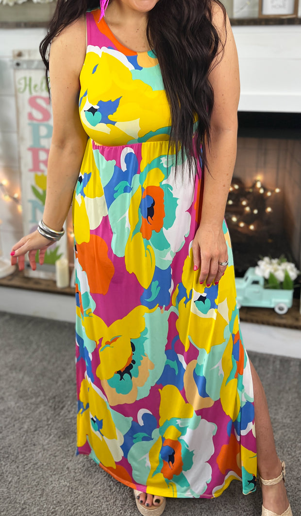 Bold Floral Maxi Dress w/Side Slits