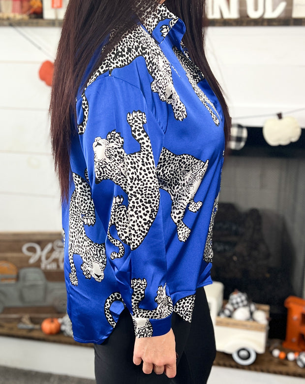 Royal Blue Silky Cheetah Blouse