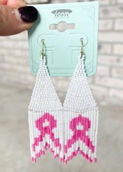 Pink Ribbon Seed Bead Fringe Earrings (8637055303973)