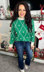 Green Diamond Pattern Sweater w/Pom Accents