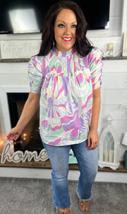 Ruched Sleeve Mixed Print Top