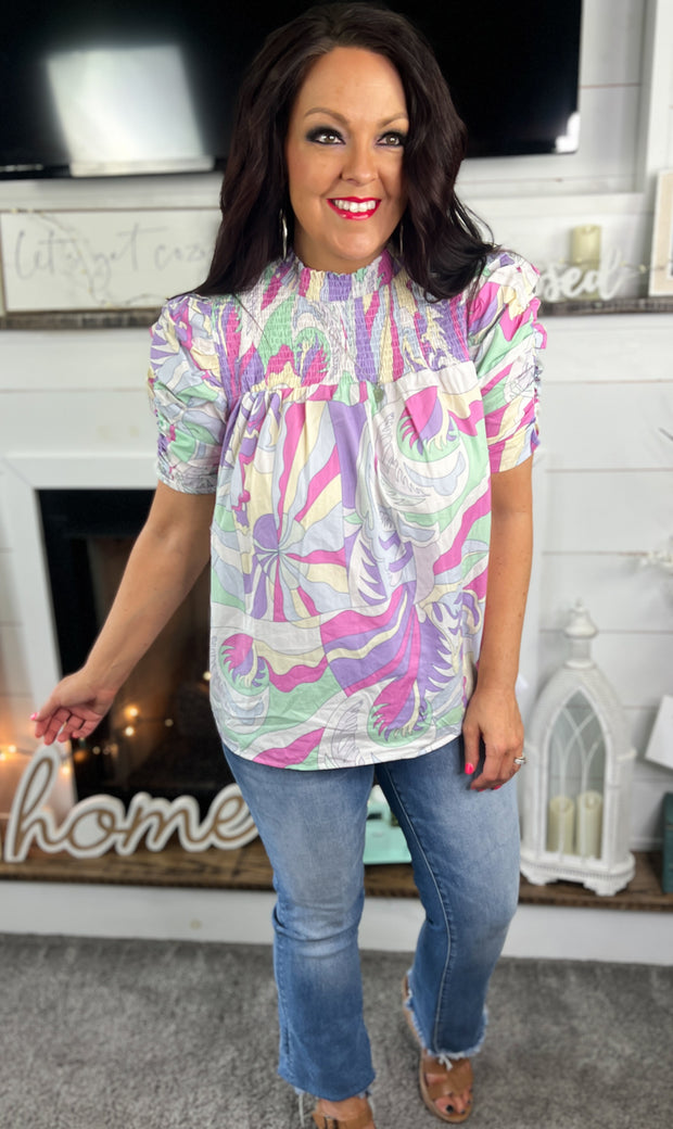Ruched Sleeve Mixed Print Top