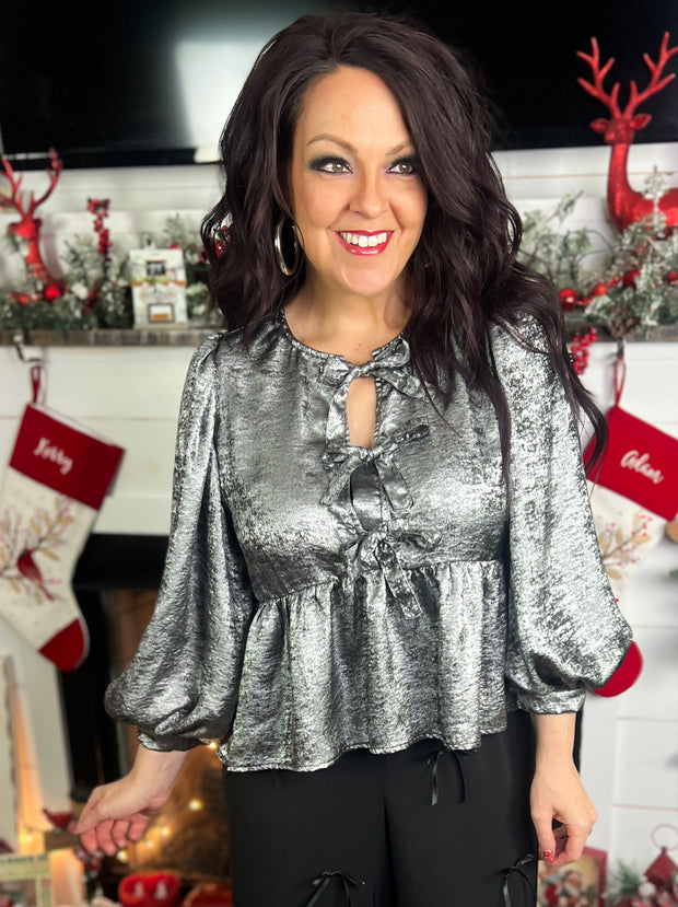 Metallic Bow Accent Puff Sleeve Top