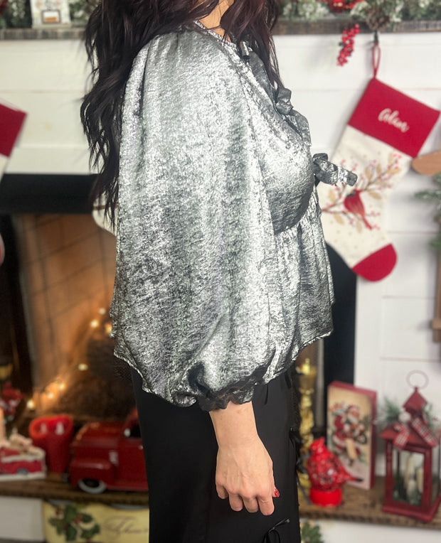 Metallic Bow Accent Puff Sleeve Top