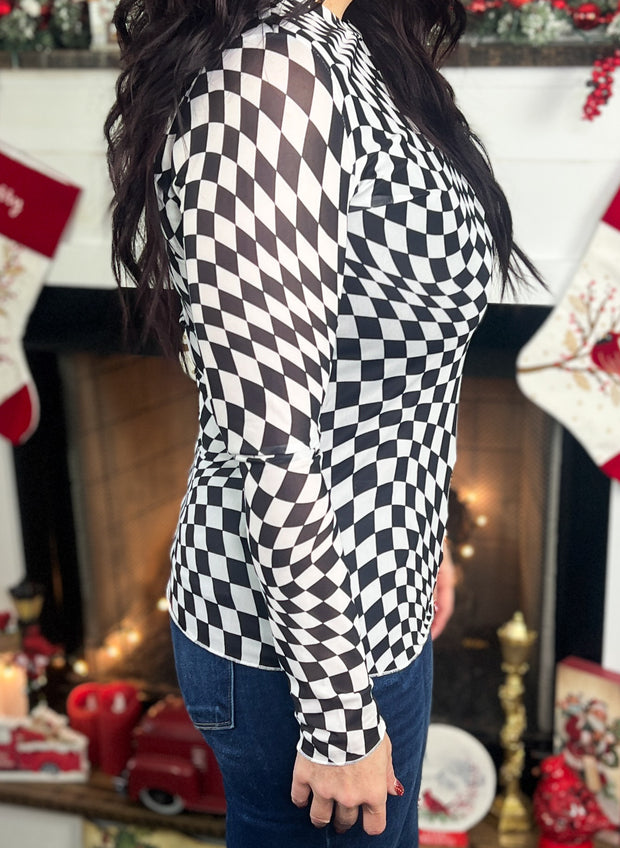 Black & White Checked Mesh Top